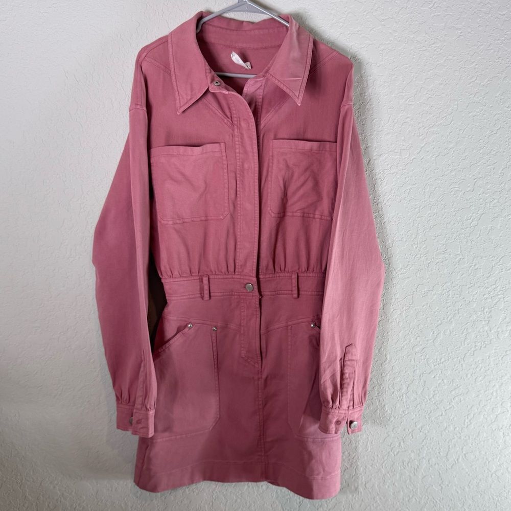 Avec Les Filles Pink Coverall Denim 3/4 Snap Front Patch Pocket Dress Size S